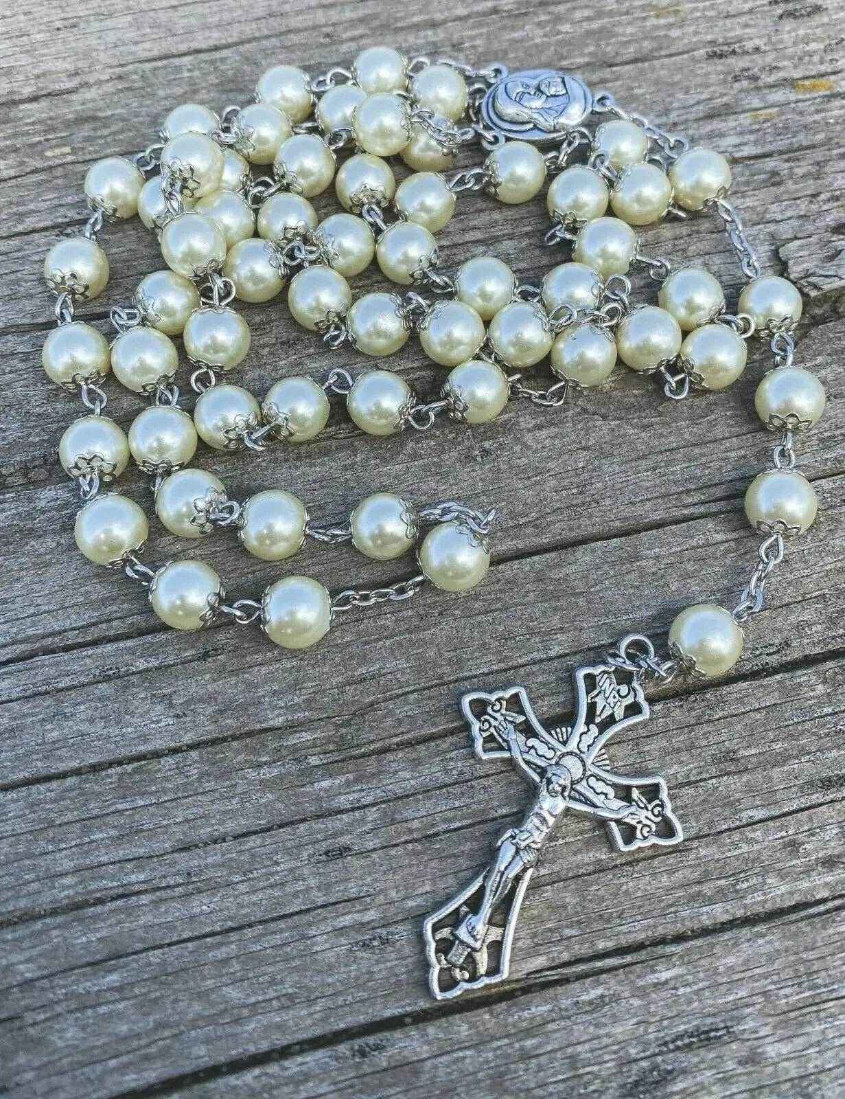Cream Beads Pearl Rosary Chaplet Holy Soil Medal & Cross