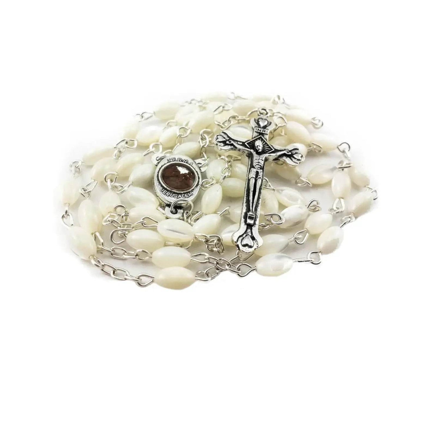Pearl Shell Beads Rosary Catholic Necklace Jerusalem Holy Soil Medal Cross - Nazareth Store