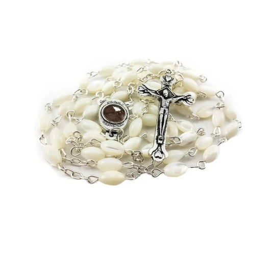Pearl Shell Beads Rosary Catholic Necklace Jerusalem Holy Soil Medal Cross - Nazareth Store
