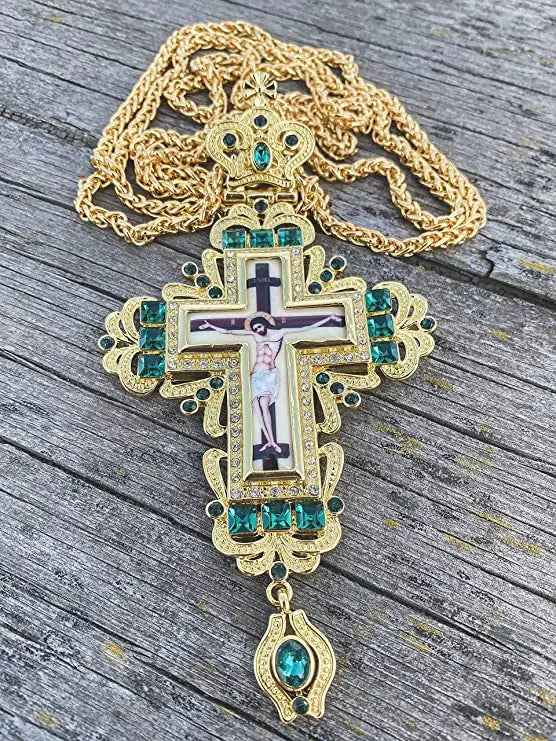 Pectoral Cross Green Zircons Crystallized Christian Priest Bishop Clergy Crucifix Pendant Necklace 21"