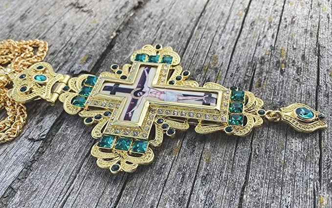 Pectoral Cross Green Zircons Crystallized Christian Priest Bishop Clergy Crucifix Pendant Necklace 21"