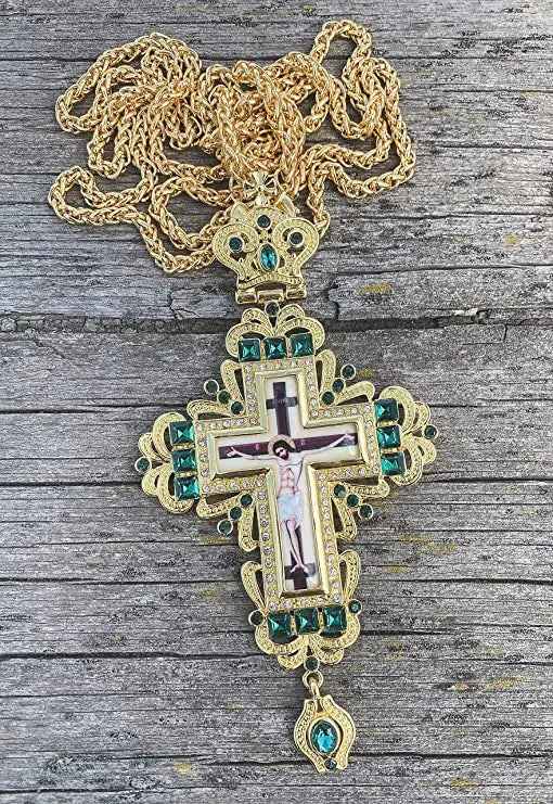 Pectoral Cross Green Zircons Crystallized Christian Priest Bishop Clergy Crucifix Pendant Necklace 21"