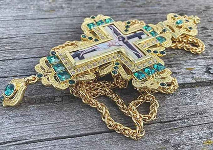 Pectoral Cross Green Zircons Crystallized Christian Priest Bishop Clergy Crucifix Pendant Necklace 21"