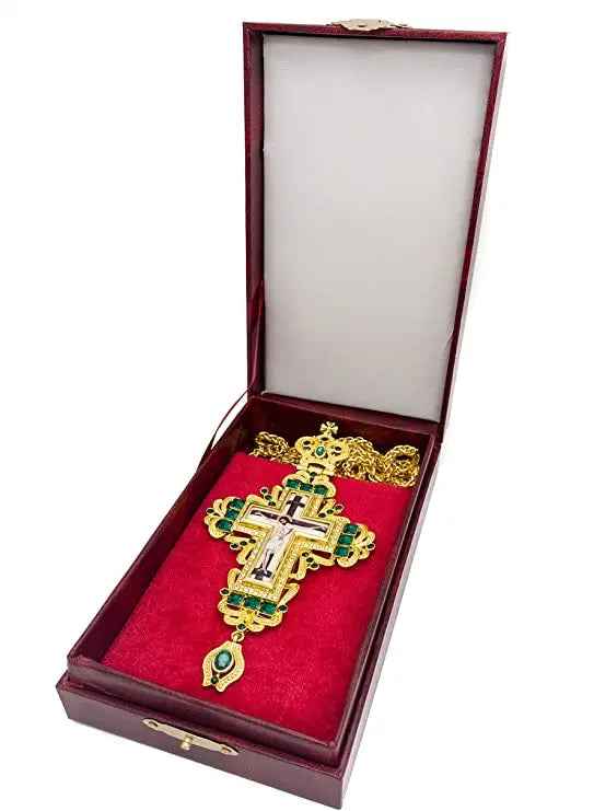 Pectoral Cross Green Zircons Crystallized Christian Priest Bishop Clergy Crucifix Pendant Necklace 21"