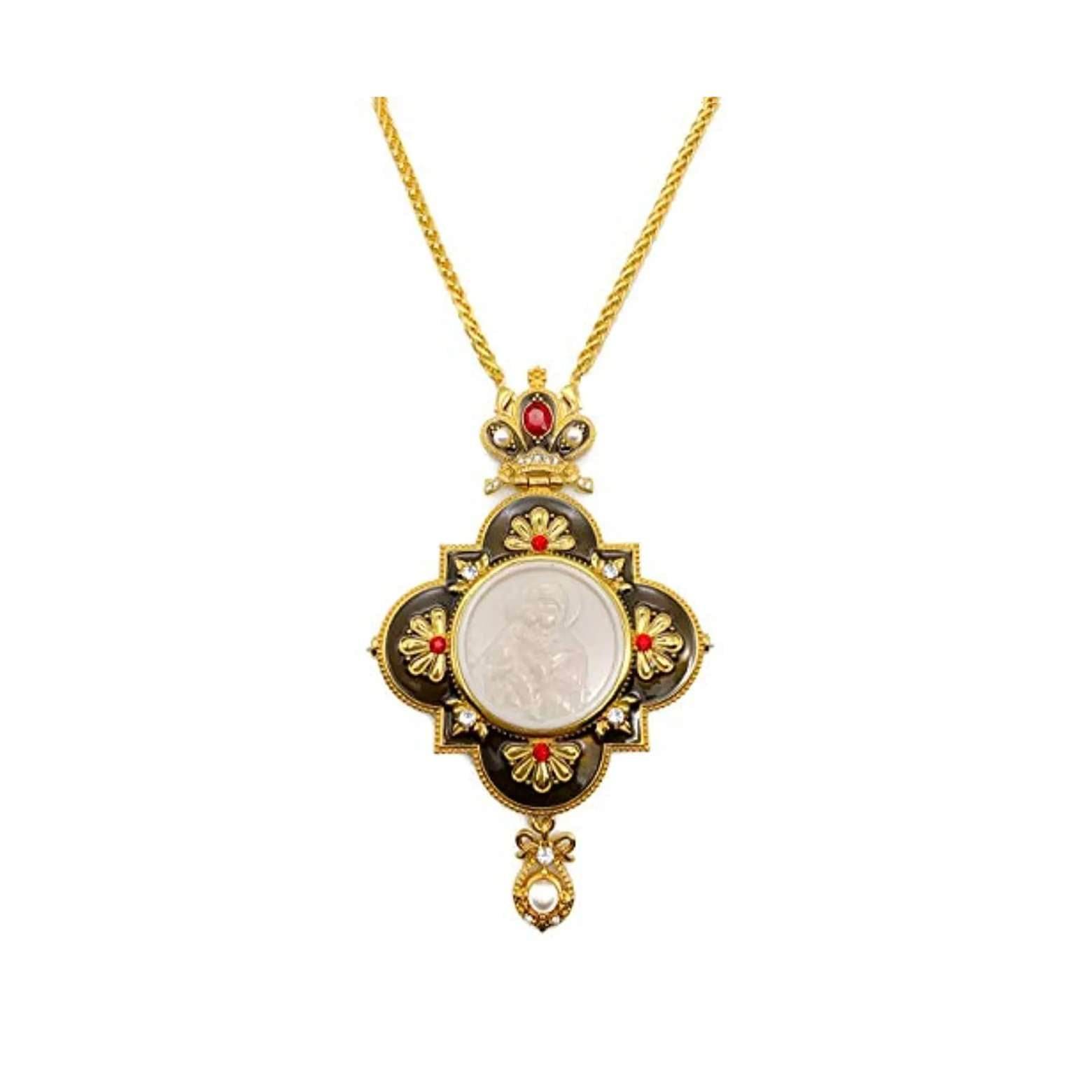 Enamel Red Crystals Pectoral Cross Necklace Holy Mary & Jesus Priest Bishop Crucifix - Nazareth Store