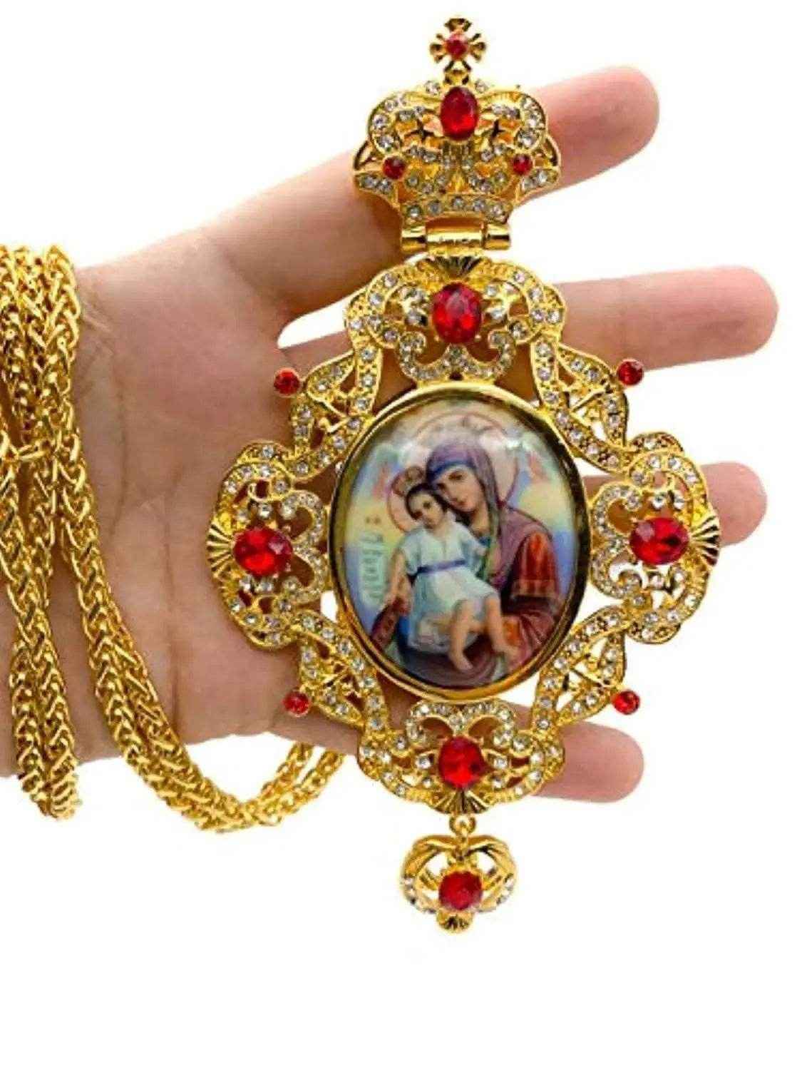 Red Crystals Pectoral Cross Necklace Virgin Mary and Jesus Icon