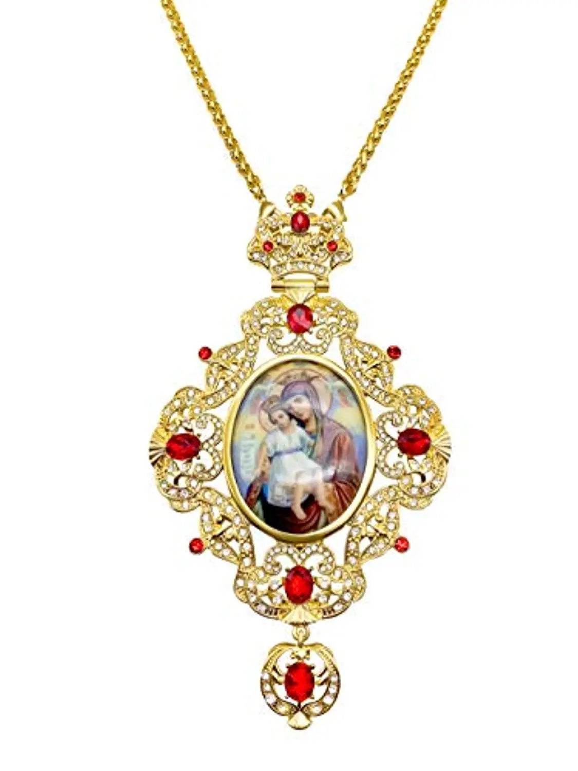 Red Crystals Pectoral Cross Necklace Virgin Mary and Jesus Icon - Nazareth Store