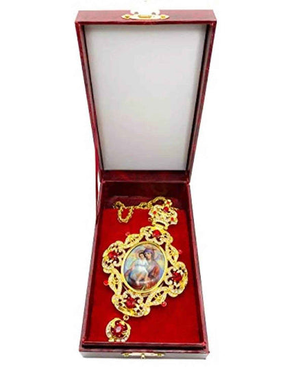 Red Crystals Pectoral Cross Necklace Virgin Mary and Jesus Icon
