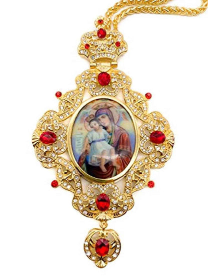 Red Crystals Pectoral Cross Necklace Virgin Mary and Jesus Icon
