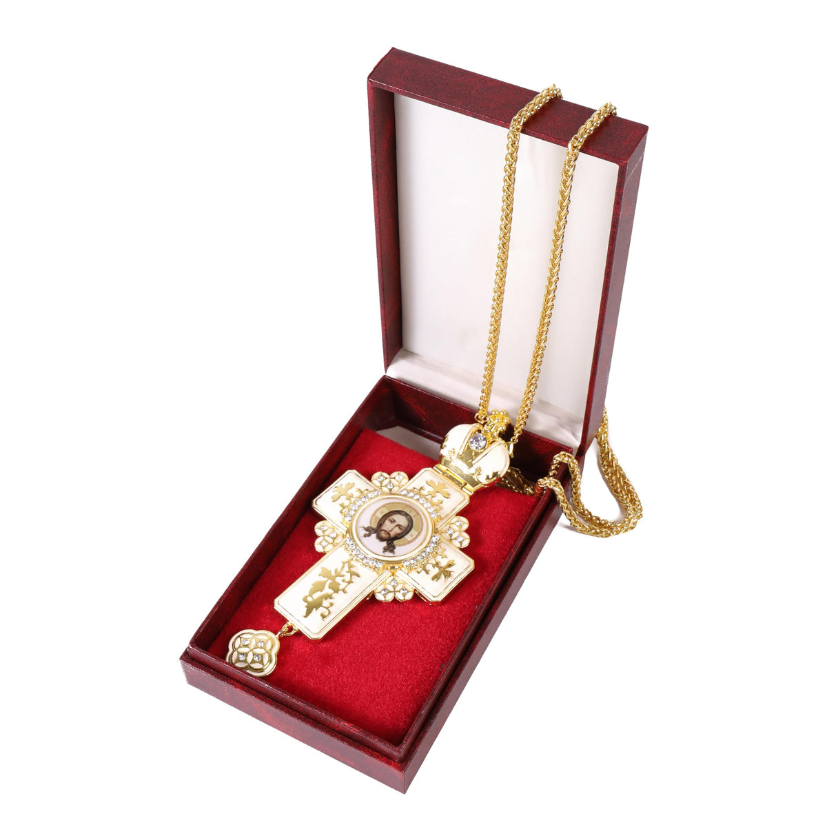 Orthodox White Enamel Gold Cross Necklace Jesus Crucifix Pendant with Zirconia