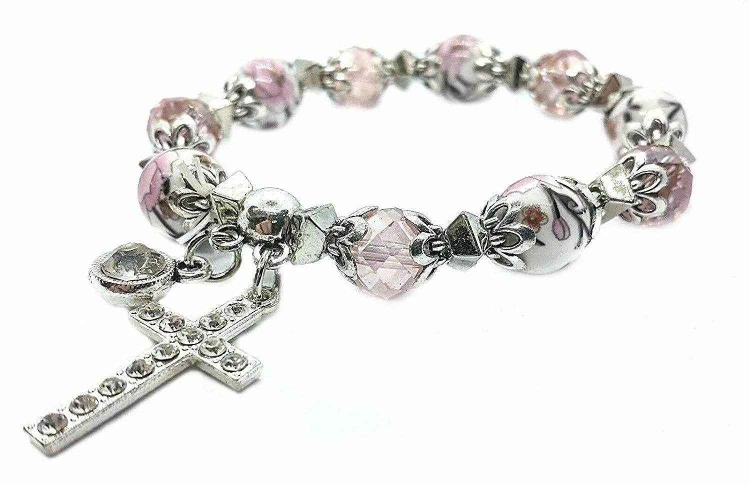 Pink Crystals Beads Cross Bracelet Christian Classic Beaded Bangle