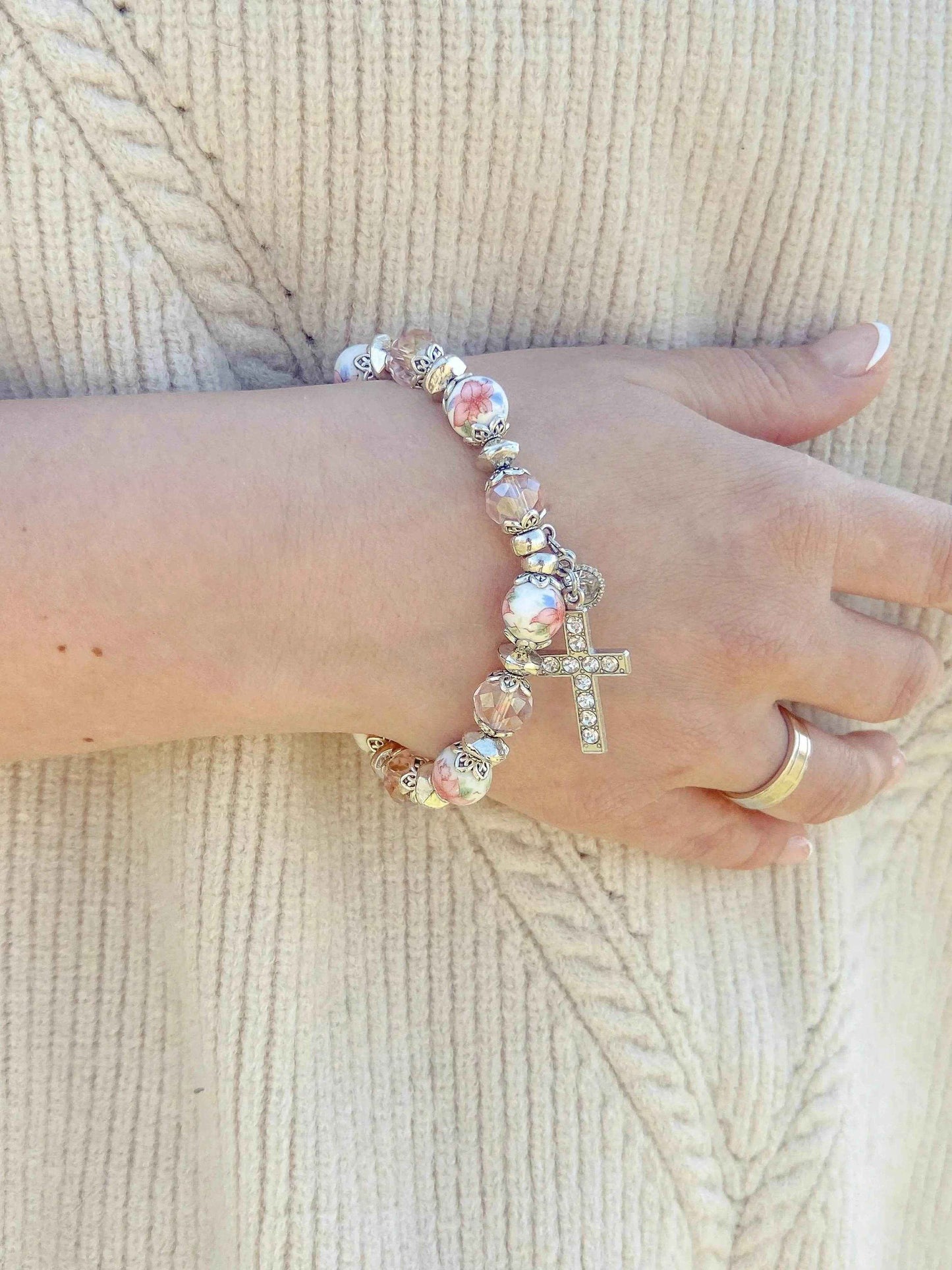 Pink Crystals Beads Cross Bracelet Christian Classic Beaded Bangle