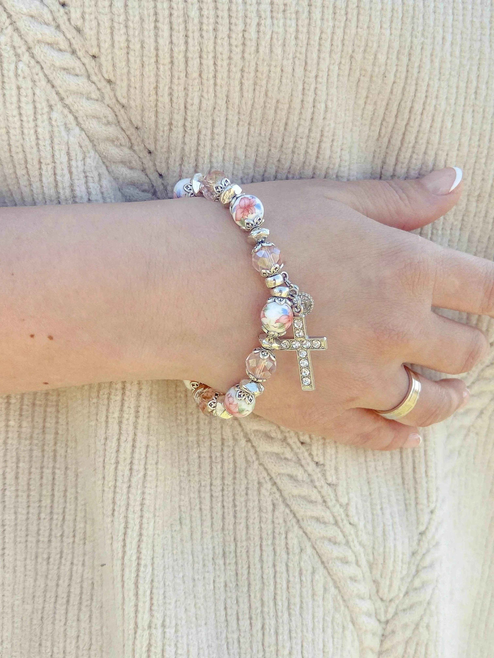 Pink Crystals Beads Cross Bracelet Christian Classic Beaded Bangle