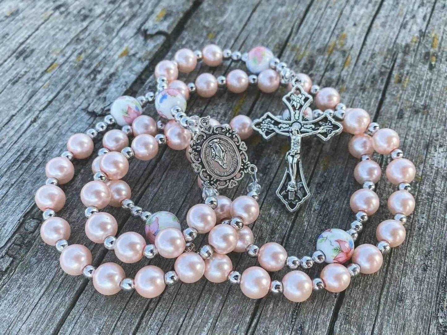 Pink Pearl Rosary Beads Miraculous Medal & Cross Crucifix