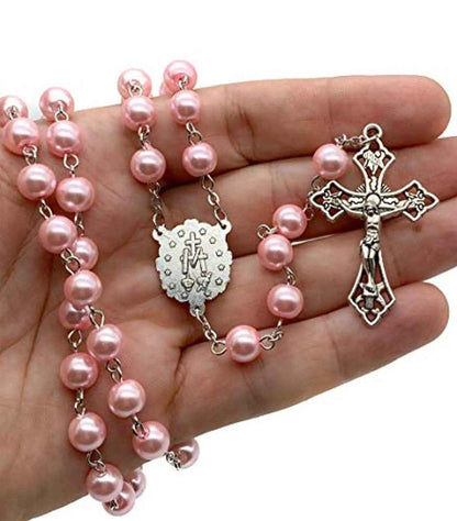 Pink Pearl Rosary Necklace Glass Beads Miraculous Medal & Cross Crucifix