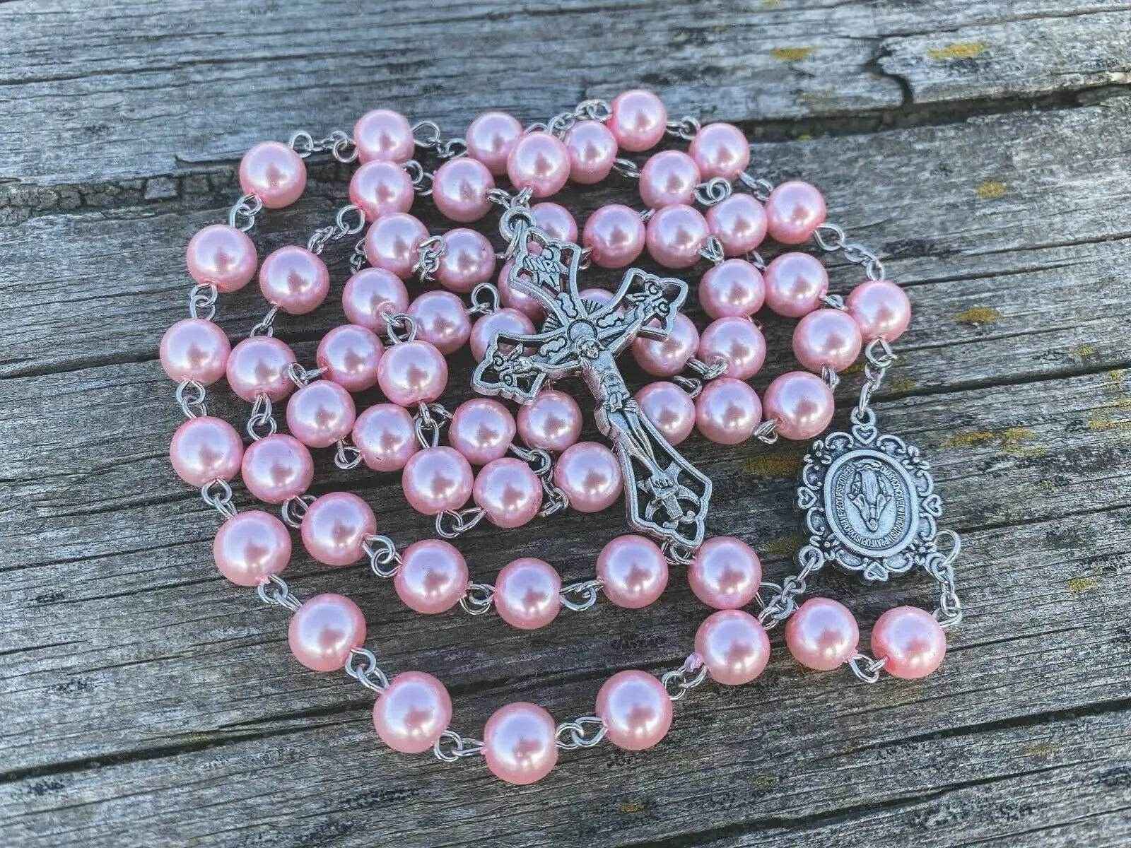 Pink Pearl Rosary Necklace Glass Beads Miraculous Medal & Cross Crucifix