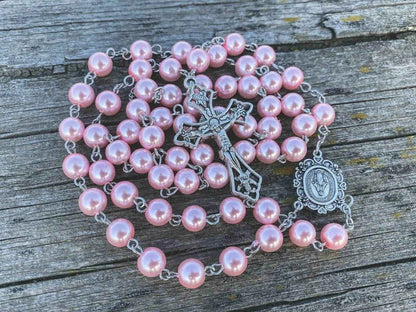 Pink Pearl Rosary Necklace Glass Beads Miraculous Medal & Cross Crucifix