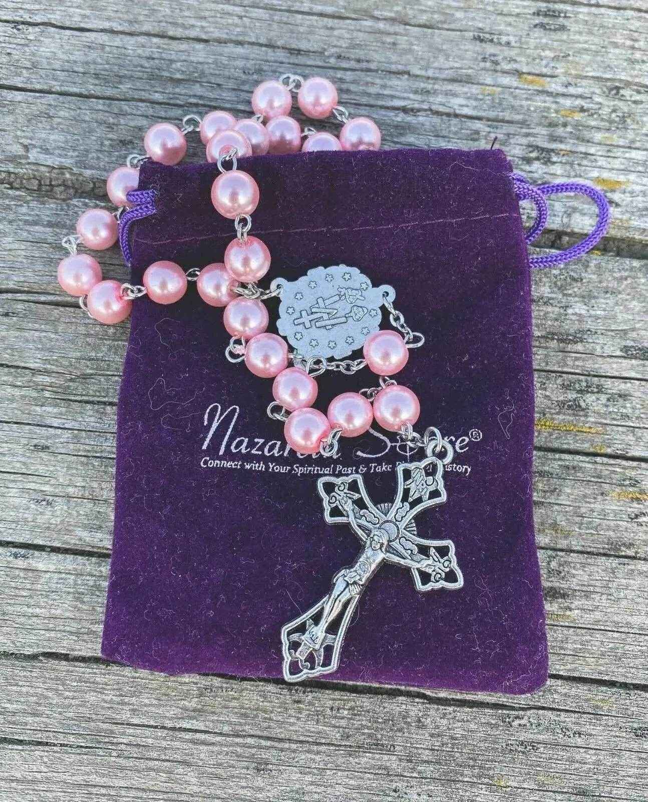 Pink Pearl Rosary Necklace Glass Beads Miraculous Medal & Cross Crucifix