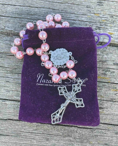 Pink Pearl Rosary Necklace Glass Beads Miraculous Medal & Cross Crucifix