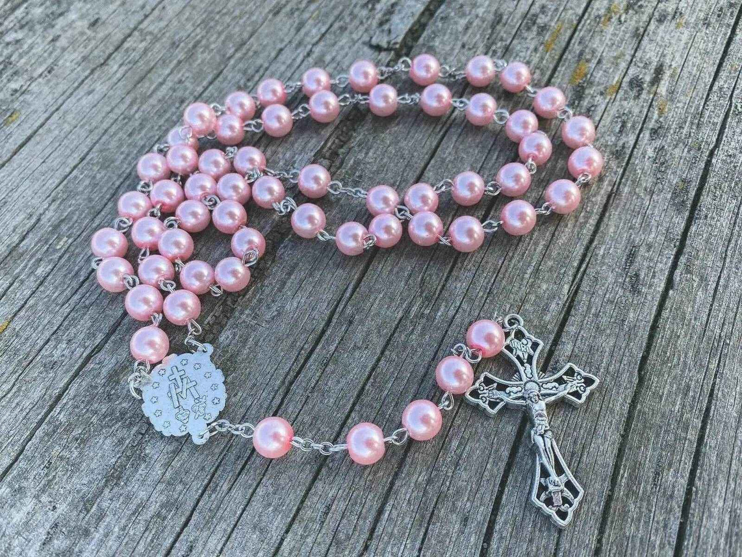 Pink Pearl Rosary Necklace Glass Beads Miraculous Medal & Cross Crucifix