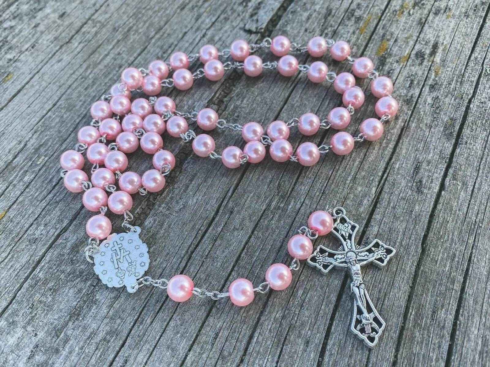 Pink Pearl Rosary Necklace Glass Beads Miraculous Medal & Cross Crucifix
