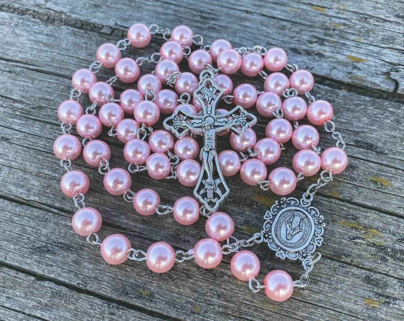Pink Pearl Rosary Necklace Glass Beads Miraculous Medal & Cross Crucifix
