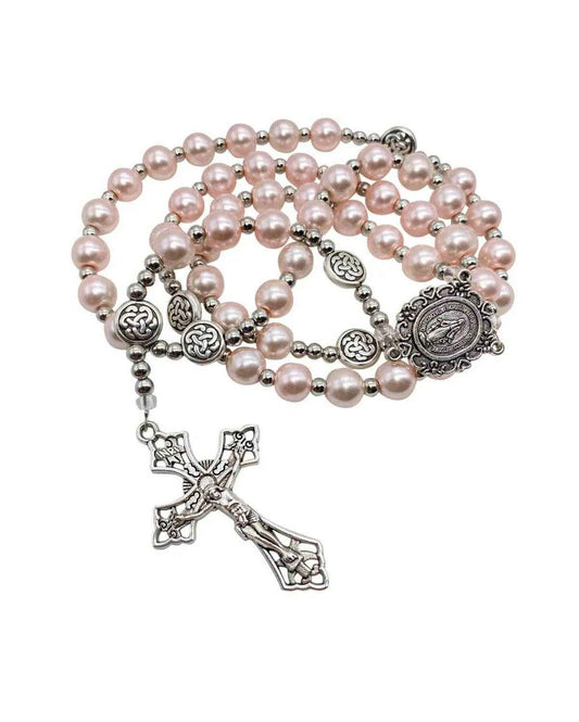 Pink Rosary Necklace Pearl Beads Chaplet Miraculous Medal & Cross