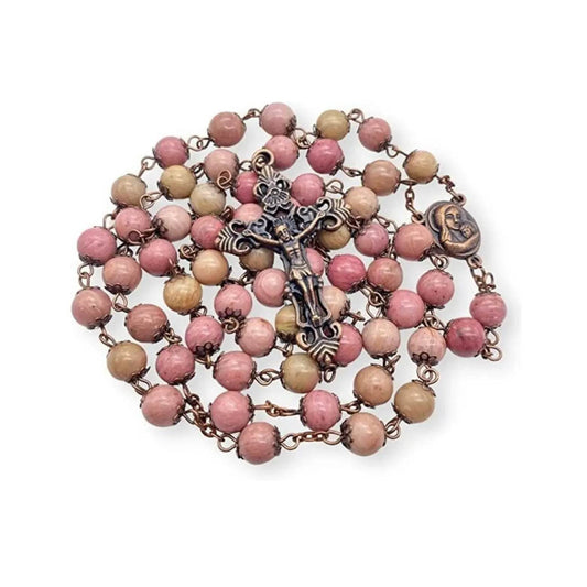 Pink Rose Aventurine Stone Beads Rosary with Holy Soil Medal and Antique Bronze Cross - Nazareth Store