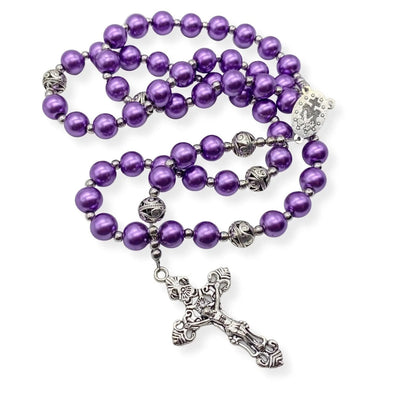Purple Pearl Beads Rosary 20" Metal Beaded Necklace Miraculous Medal & Cross 