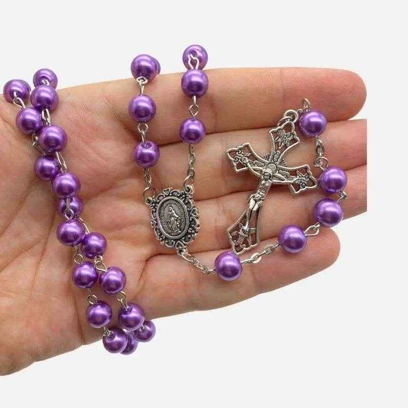 Purple Pearl Beads Rosary Necklace Miraculous Medal & Cross Crucifix
