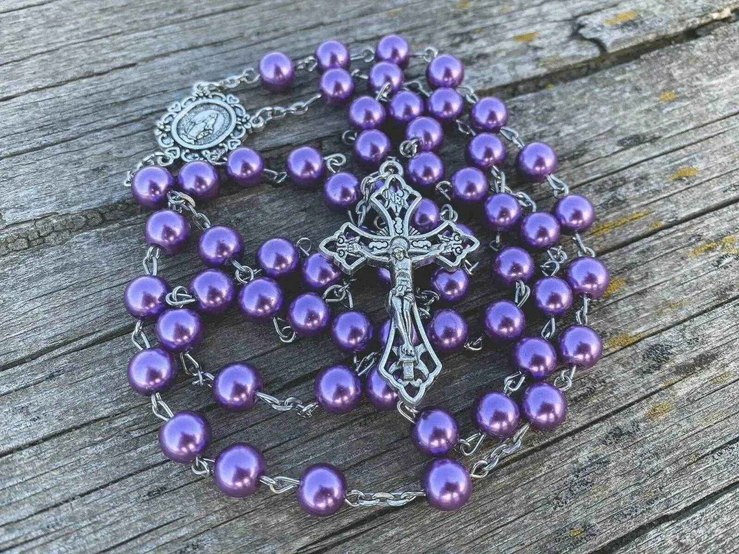 Purple Pearl Beads Rosary Necklace Miraculous Medal & Cross Crucifix