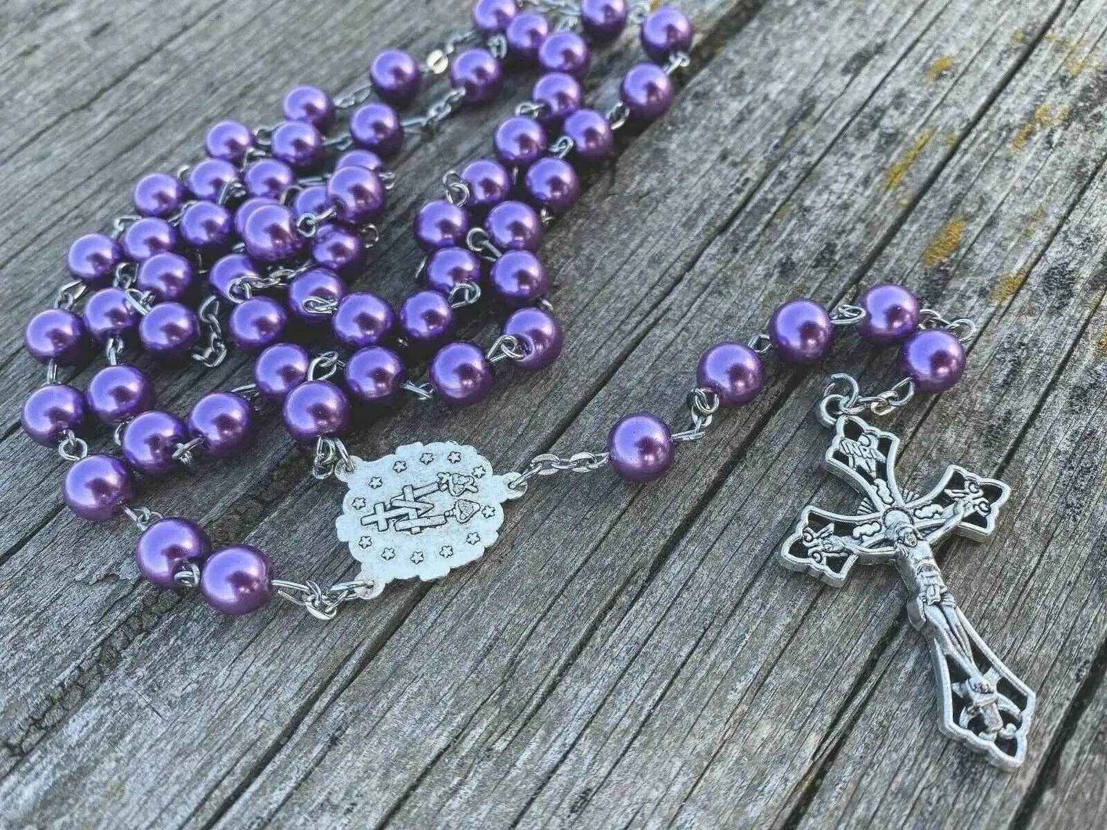 Purple Pearl Beads Rosary Necklace Miraculous Medal & Cross Crucifix