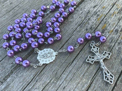 Purple Pearl Beads Rosary Necklace Miraculous Medal & Cross Crucifix