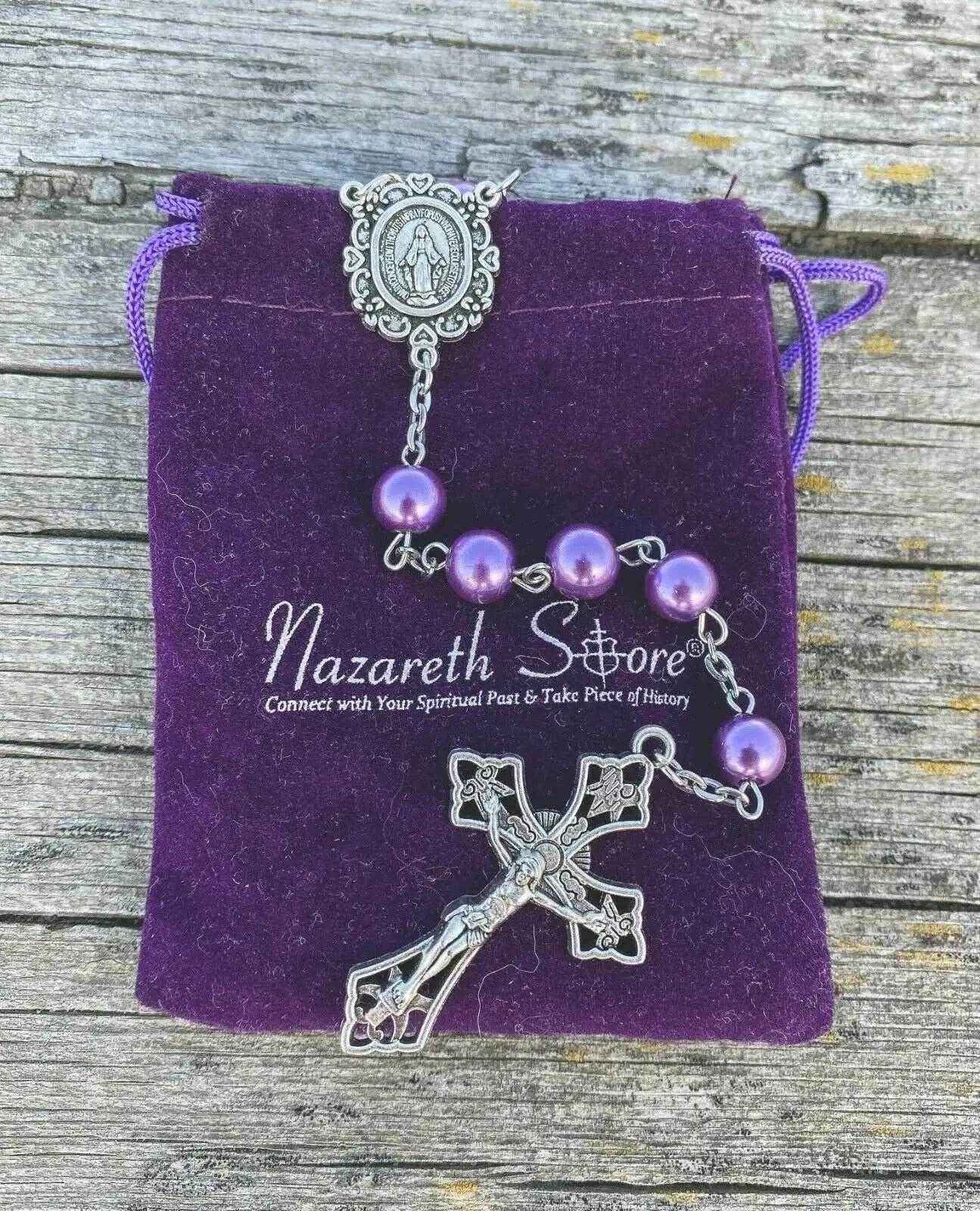 Purple Pearl Beads Rosary Necklace Miraculous Medal & Cross Crucifix
