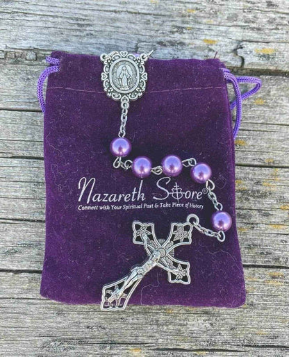 Purple Pearl Beads Rosary Necklace Miraculous Medal & Cross Crucifix