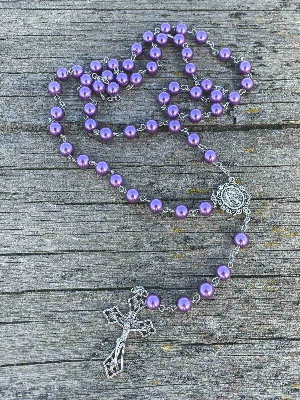 Purple Pearl Beads Rosary Necklace Miraculous Medal & Cross Crucifix