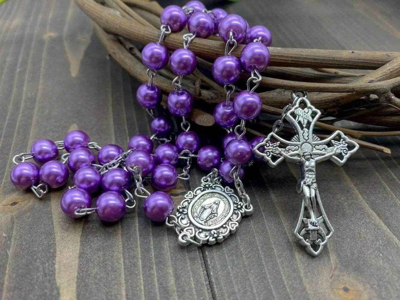 Purple Pearl Beads Rosary Necklace Miraculous Medal & Cross Crucifix