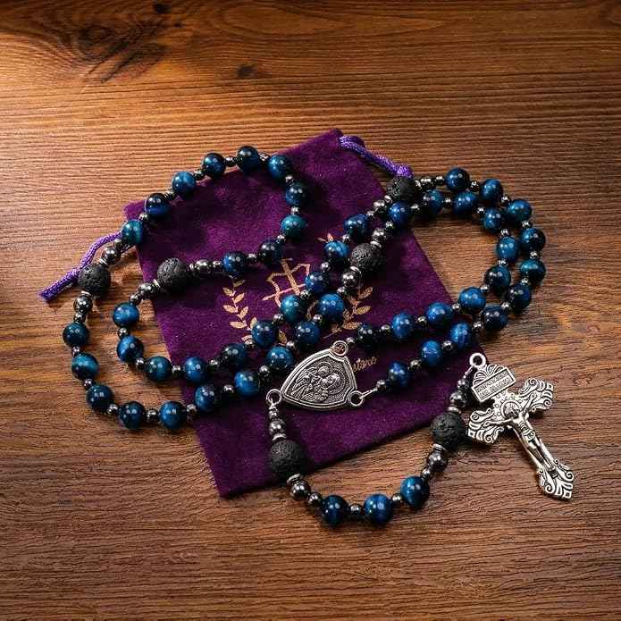 Blue Tiger Eye Rosary Necklace Lava Stone Prayer Beads with St. Joseph Medal & Crucifix