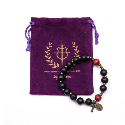 Black Wooden Bead Rosary Bracelet with Antique Bronze Miraculous Medal & Cross