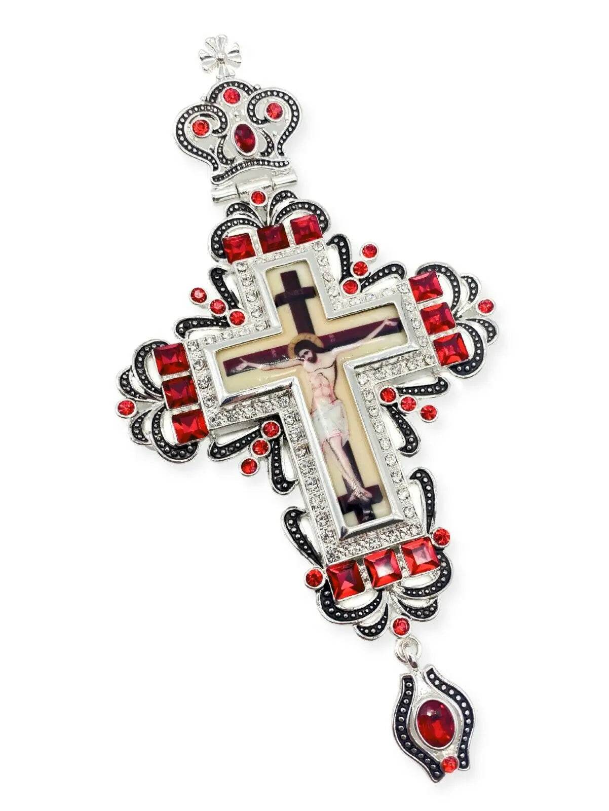 Red Crystals Pectoral Cross Jesus Christ Priest Bishop Christian Clergy Pendant - Nazareth Store