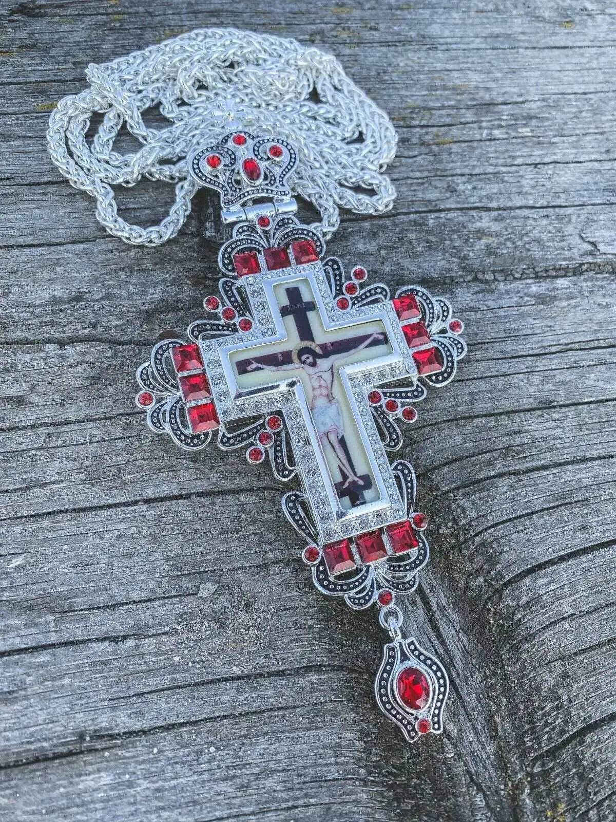 Red Crystals Pectoral Cross Jesus Christ Priest Bishop Christian Clergy Pendant - Nazareth Store