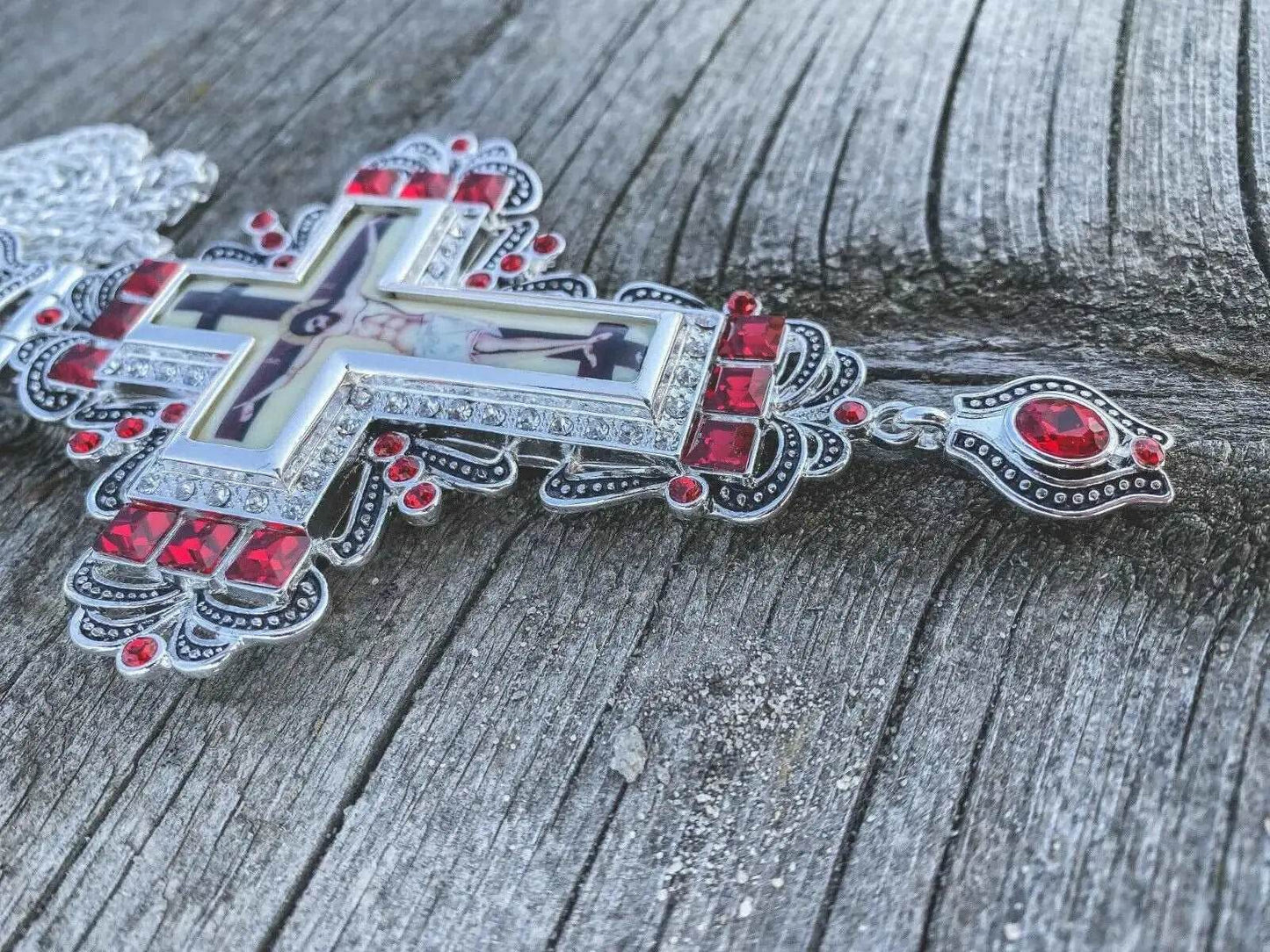 Red Crystals Pectoral Cross Jesus Christ Priest Bishop Christian Clergy Pendant - Nazareth Store