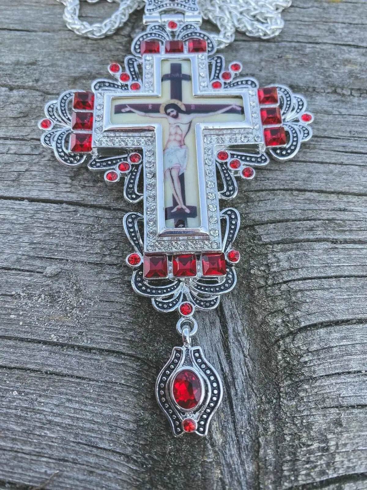 Red Crystals Pectoral Cross Jesus Christ Priest Bishop Christian Clergy Pendant - Nazareth Store