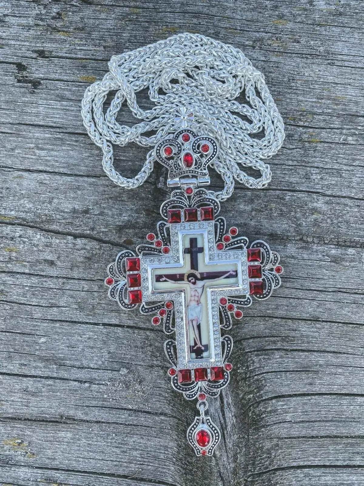 Red Crystals Pectoral Cross Jesus Christ Priest Bishop Christian Clergy Pendant - Nazareth Store