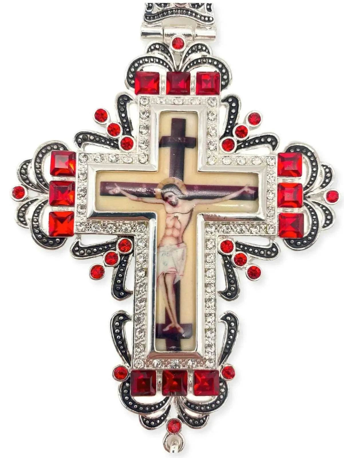 Red Crystals Pectoral Cross Jesus Christ Priest Bishop Christian Clergy Pendant - Nazareth Store