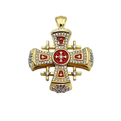 Red Enamel Jerusalem Crusader Cross Pendant Silver 925 Yellow Gold 18k Plated Rhinestones1.3"