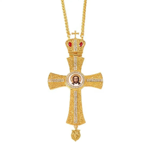 Orthodox Gold Plated Cross Necklace Red Stone Christian Crucifix Pendant