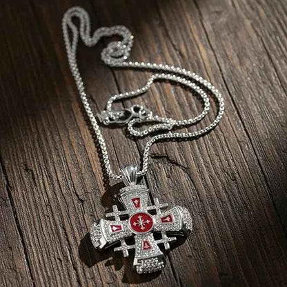 Red Enamel Jerusalem Cross Necklace Stainless Steel Silver Plated Pendant