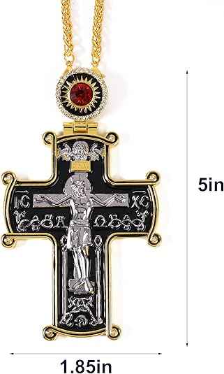 18K Gold Plated Black Pectoral Cross Pendant Red Stone Crucifix Necklace