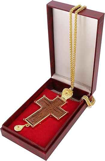 Gold Plated Russian Cross Pendant Wood & Red Stones Orthodox Necklace